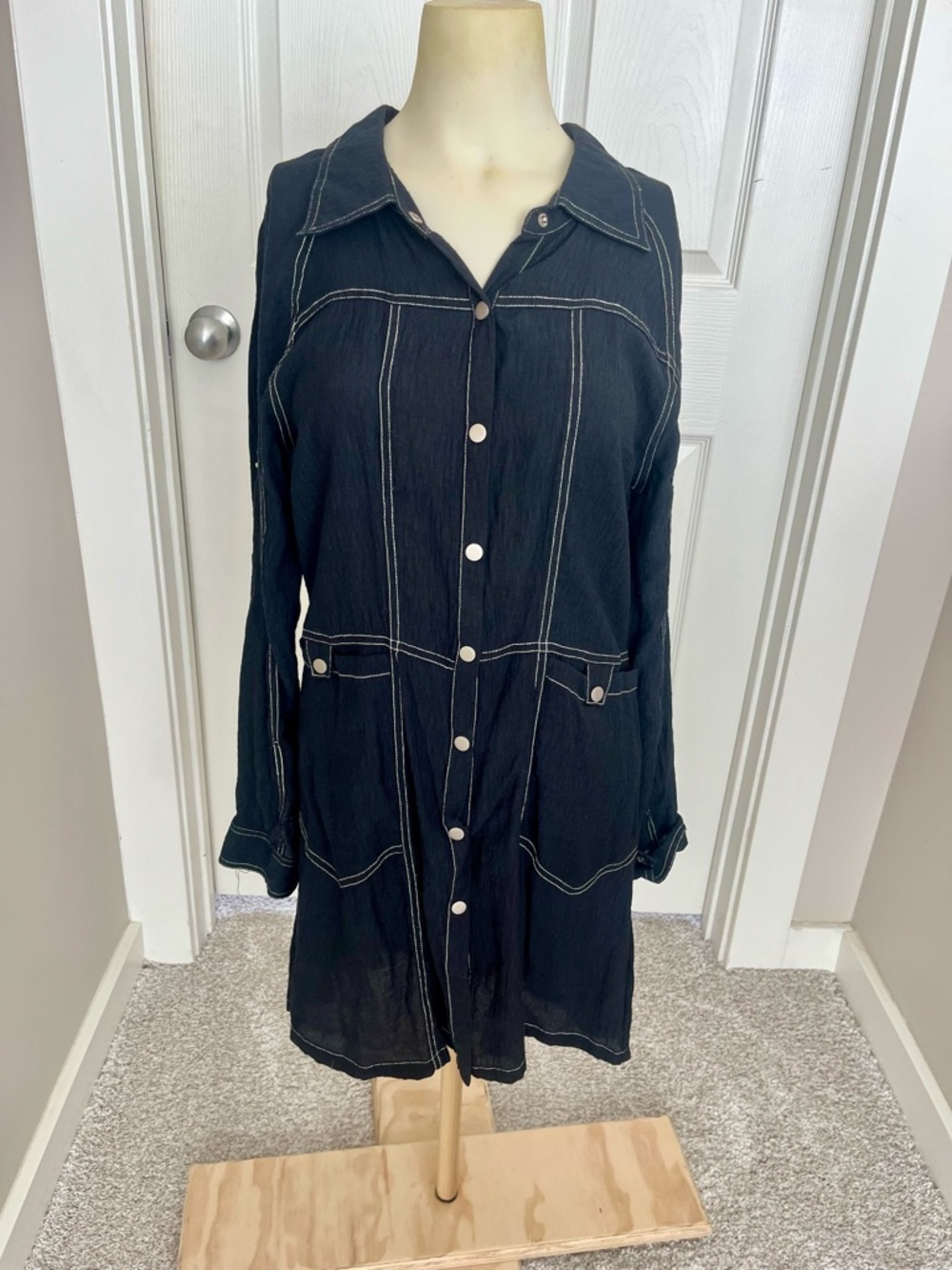 Anthropologie Black Long-Sleeve Button-Front Dress with White Topstitching